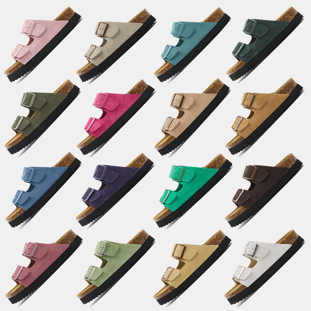Free shipping luxury Classic Cork Footbed Slides Adjustable Buckle Slippers Non Slip Leather Look Casual Shoes