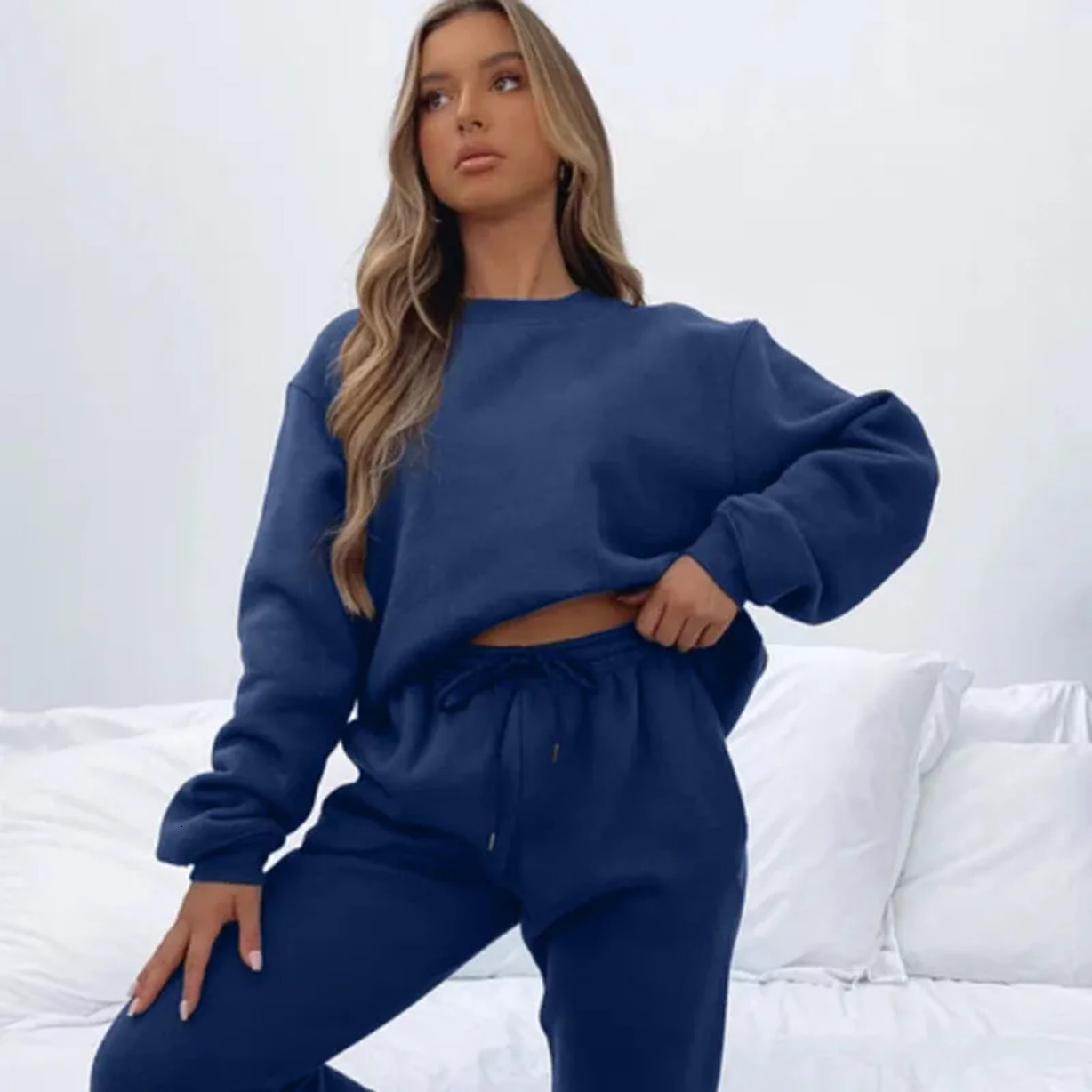 2026 Gym Clothe Yoga Outfits Set Autumn And Winter -- Solid Color Round Workout Set Neck Pullover Sports Pants Fashion Casual Long-Sleeved Sweater W