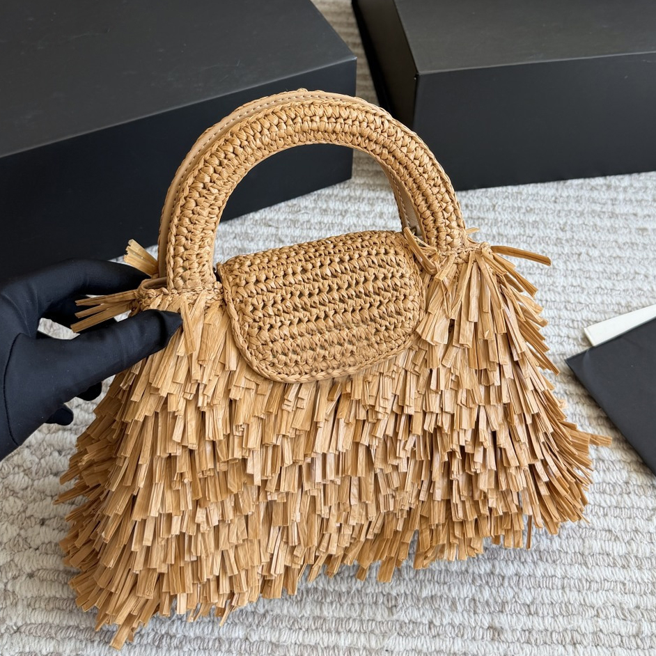 Raffia Woven Fringe Tassel 23k bag Designer Mini Classic Flap bag Top Handle bag Straw Pochette Women Summer Fashion Boho Beach Vacation Mini Crossb