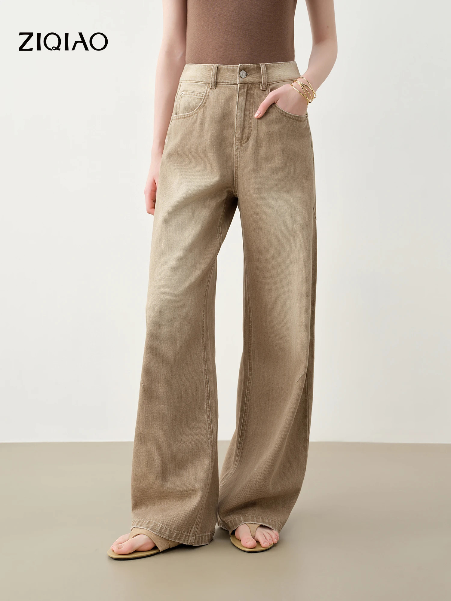 ZIQIAO 2026 Summer Womens Vintage Washed Barrel Fit Jeans High Waist Leg Denim Pants with Relaxed for Street Style 260615