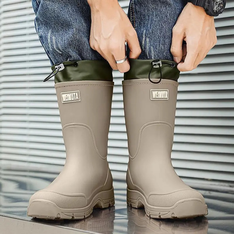 Drawstring Waterproof Midcalf Rain Boots for Men Lowheel Fishing Garden Wellies Outdoor Wide Toes Adult Chef Kitchen Man Shoes 260626BJ