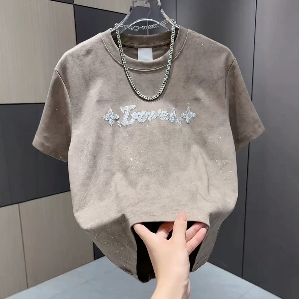 Designer Mens Premium Letter Embroidered Sequin Luxury Tshirt Summer Loose Brand Fashion Streetwear Trendy All Match Versatile Casual Soft Crew Neck