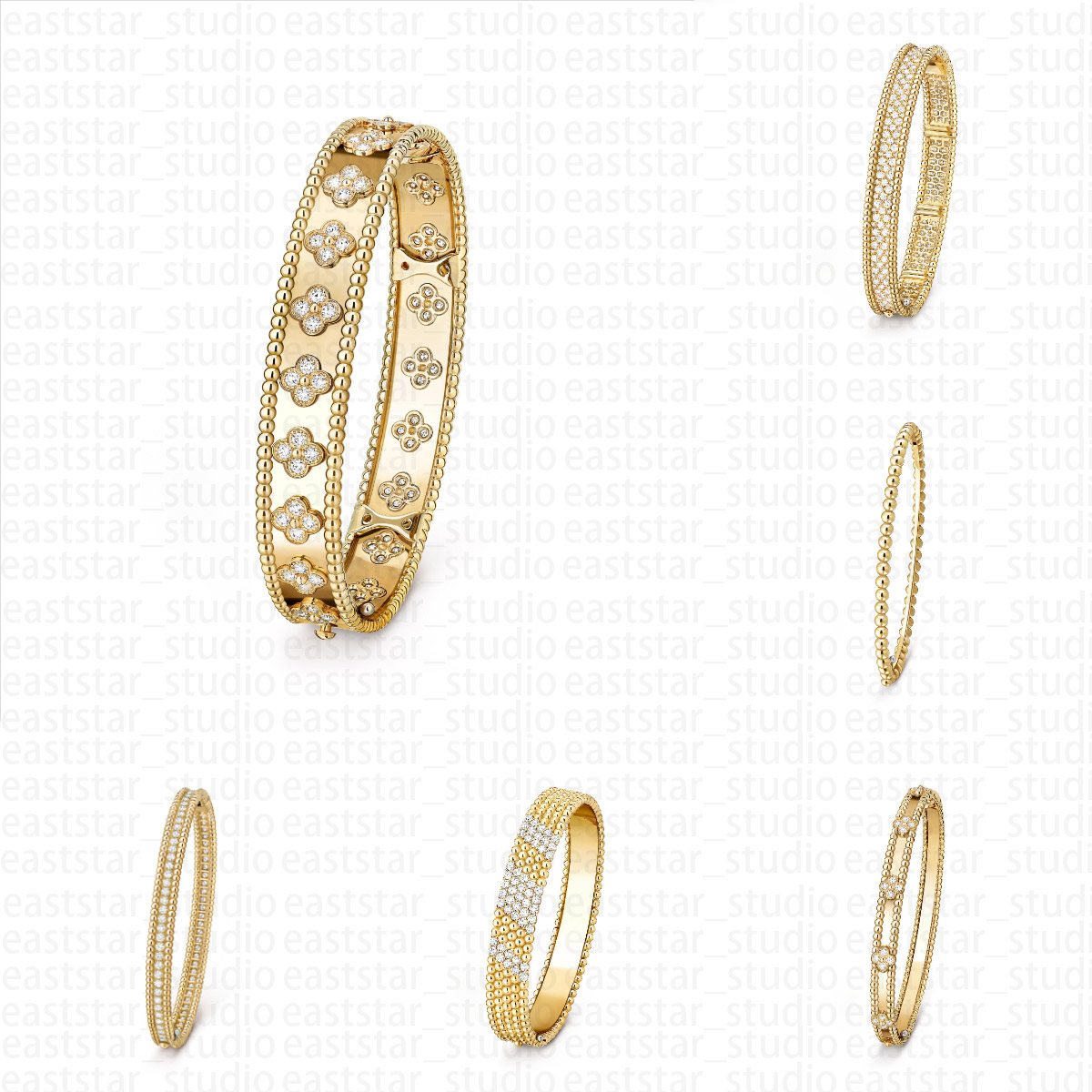 Classic Clover Bangle Women Luxury Brand Style Stainless Steel Gold Beads Edge Shiny Crystal Bracelet For Girls Lady