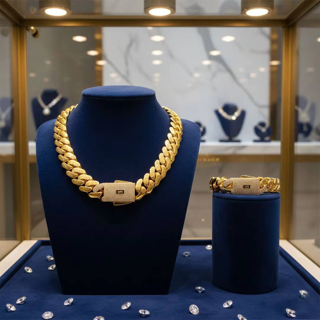 Mens Miami Cuban Link Set with Iced Out Monaco Clasp 14K 18K Gold Plated Heavy Brass Necklace and Bracelet Combo Jewelry