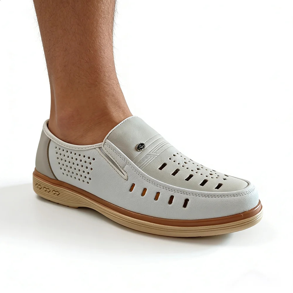 Summer Breathable Mens Genuine Leather Loafers White SlipOn Casual Business Flat Comfortable Driving Moccasins Office DX947 260626BJ