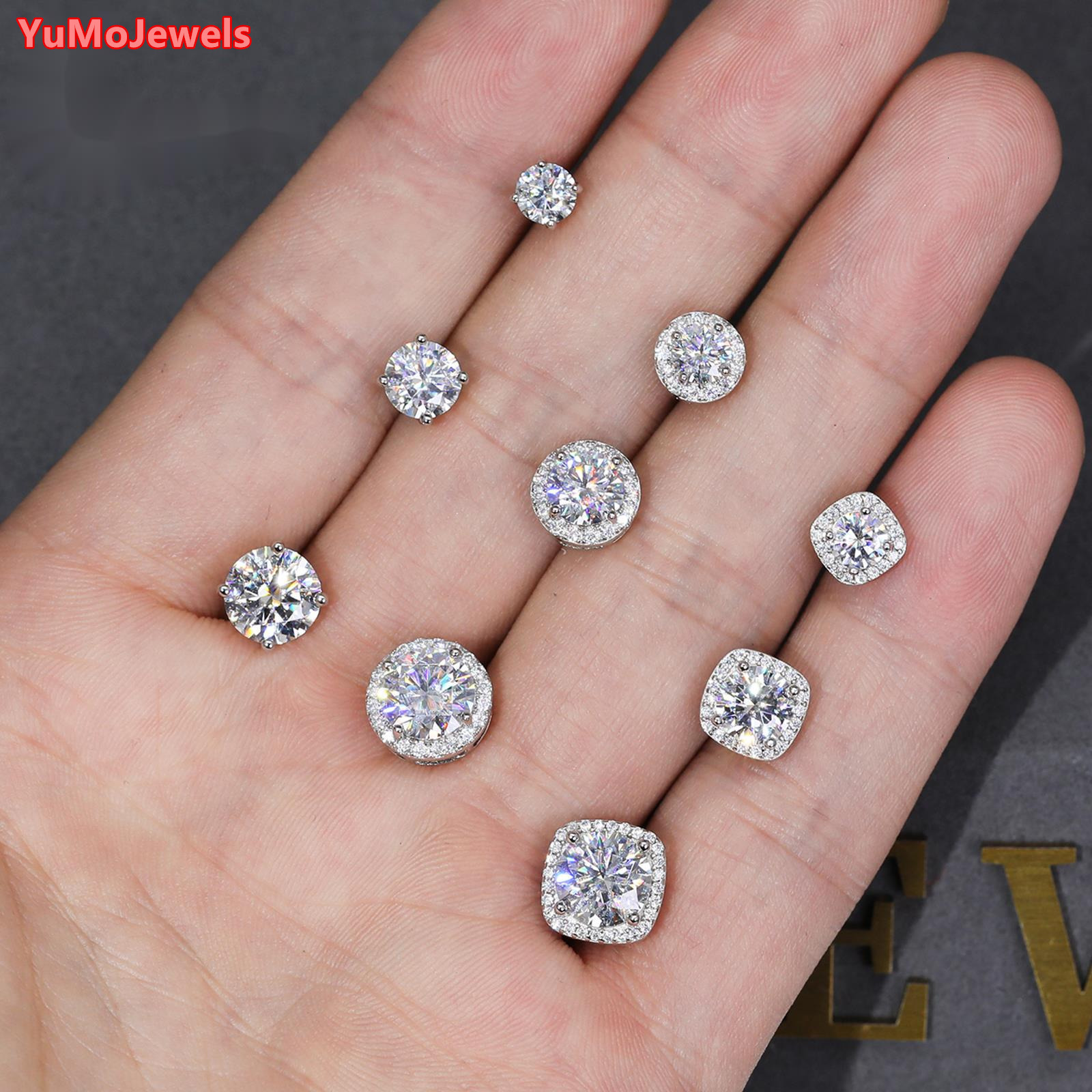 Pass Diamond Tester 5mm 65mm 8mm Moissanite Magnetic Earrings 925 Sterling Silver Mossanite Diamond Halo Stud Earrings for Men