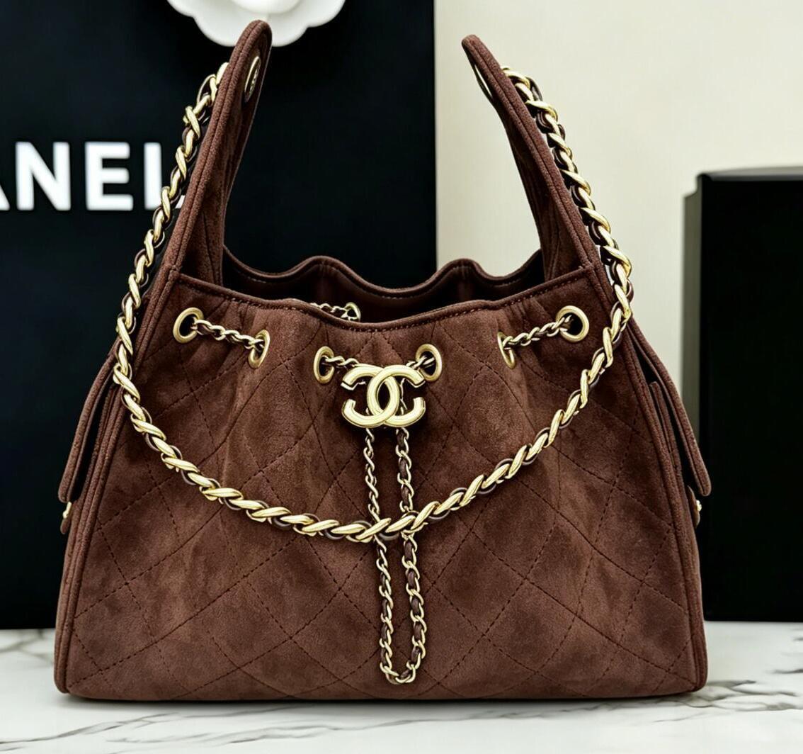 Designer evening bag classic flap shoulder bag 25 hobo bag Classic Deep Brown Fine Suede Bag Retro Double Gold Chain Crossbody Bag handbag