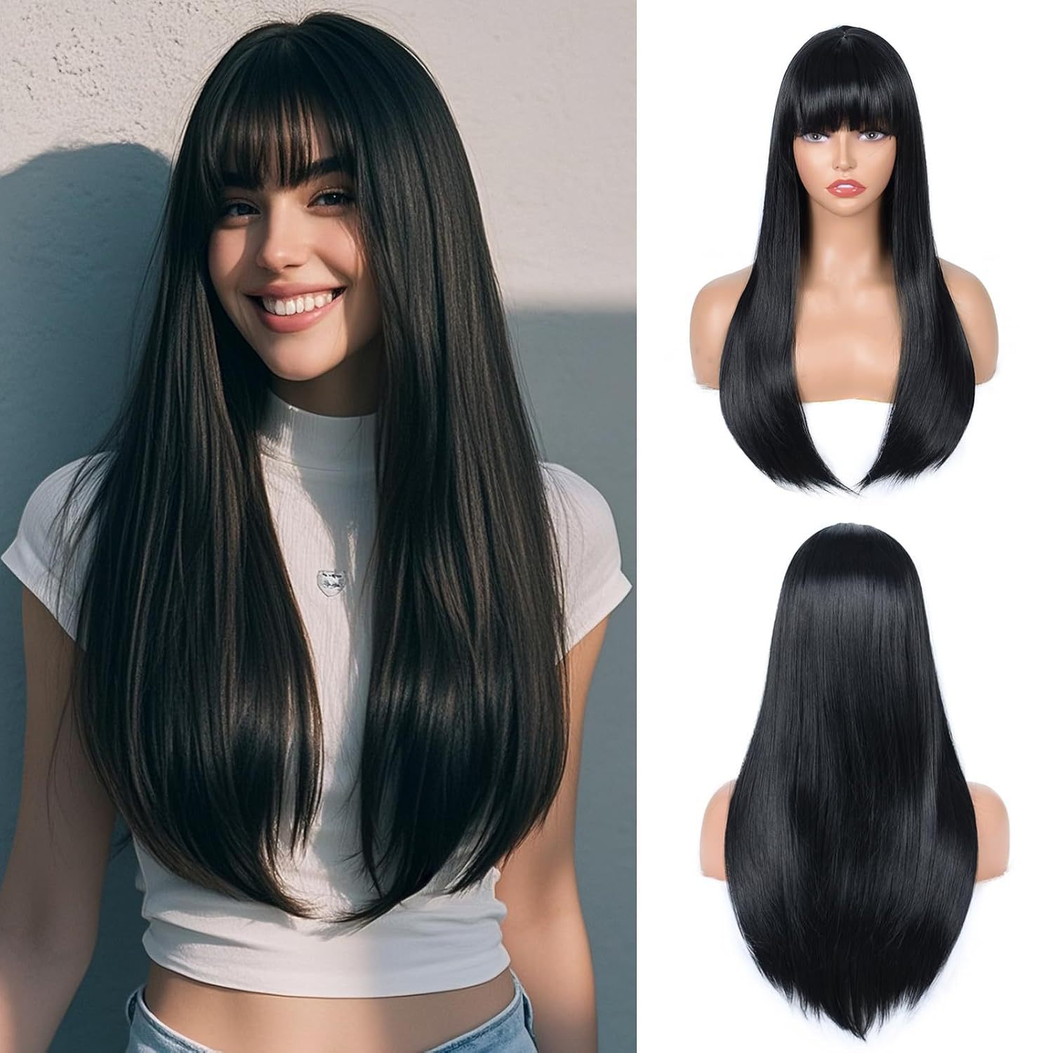 Nouvelle frange noire de vente chaude, cheveux longs et raides, maille extensible confortable, bandeau de perruque en soie haute température