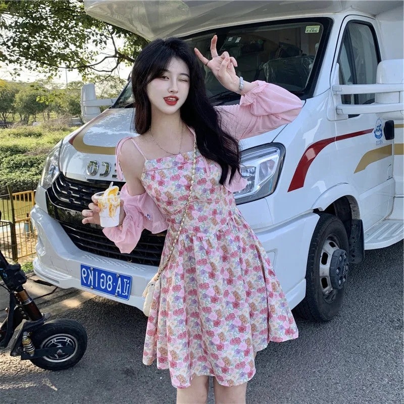 Q0480 Gentle wind floral suspender dress women's new waist and thin very fairy bottom A skirt-image-1112498565