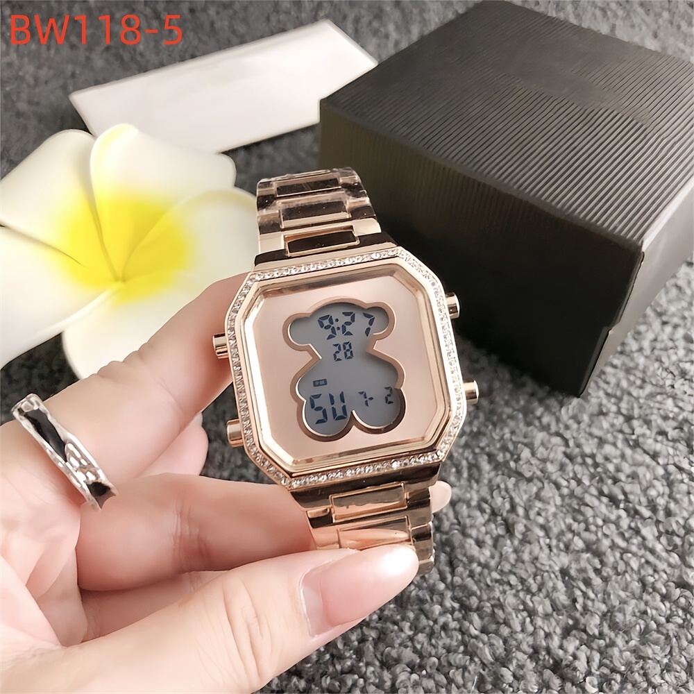 Fashion Women Men Silver Rose Black Gold Stainless Steel Bear Square White Zircon Electronic Watch Leather Chain Pulsera Span Jewelry-image-1112540548