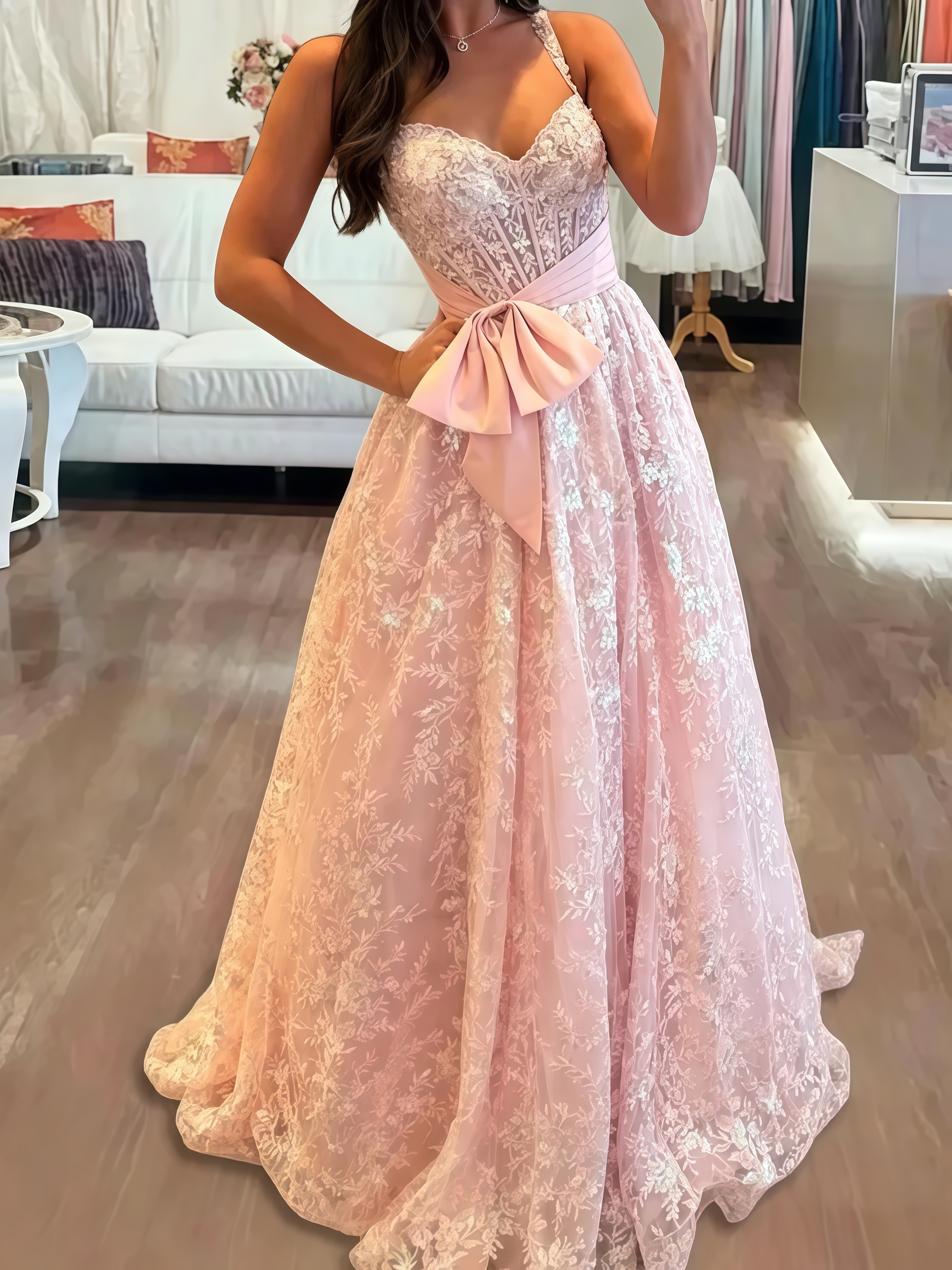 Blush Pink Spaghetti Strap Sweetheart Sequin Lace Corset Maxi Dress Sash Big Bow Criss Cross Lace Up Back A Line Formal Evening Prom Floor Length Go