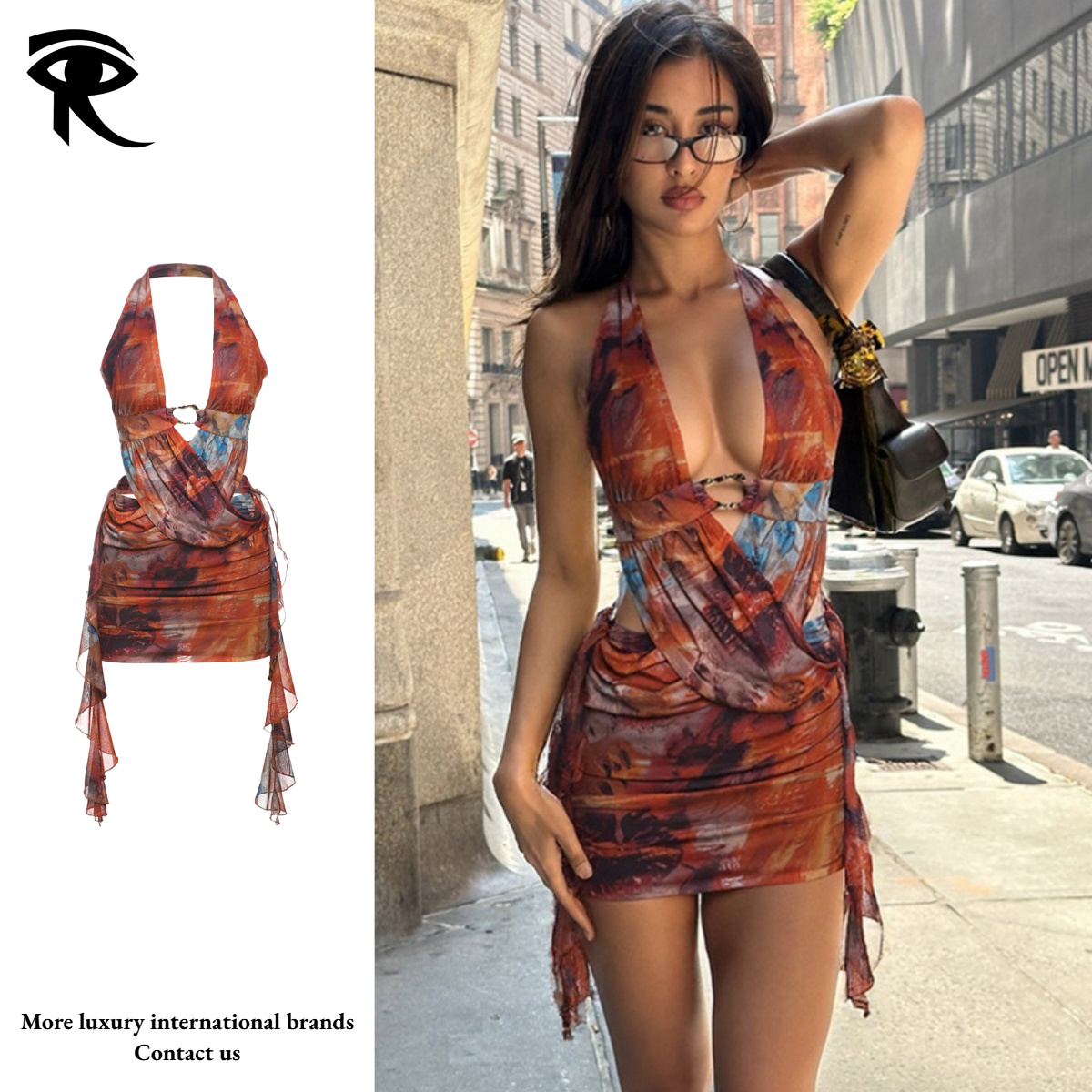 2026 Spring Summer New Urban Sexy Hollow Print Halter Tie Mesh Bodycon Dress Party Gathering Socialite Original Fashion Designer Factory Direct W