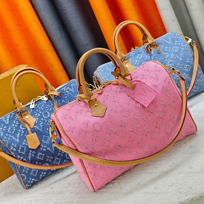 High quality Denim Rhinestone Speedyss Pillow Handbag Women Classic Monogram Print Crossbody Bag Luxury Designer Shoulder Bag Travel Boston Handbags