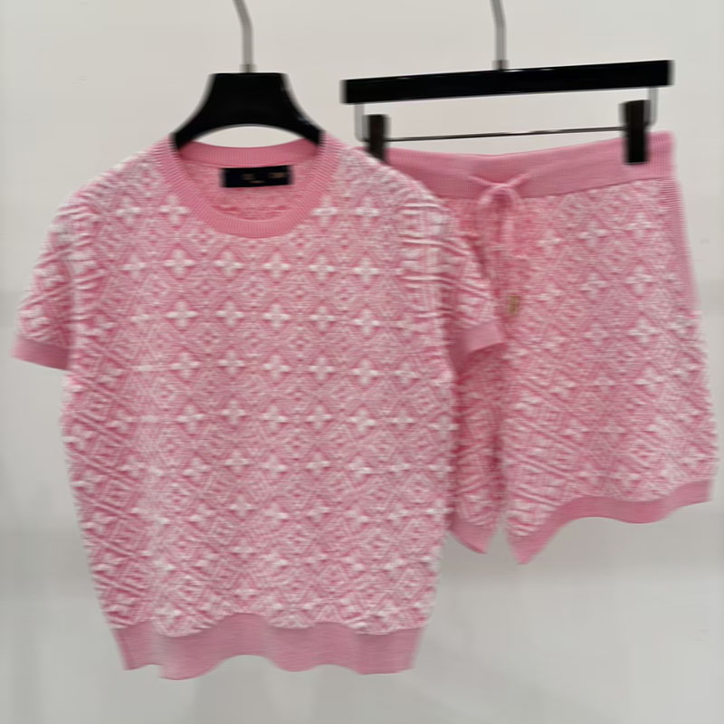 Women's new high-end custom designer wool yarn three-dimensional printing high-quality set, stylish round neck top+high waisted shorts two-piec
