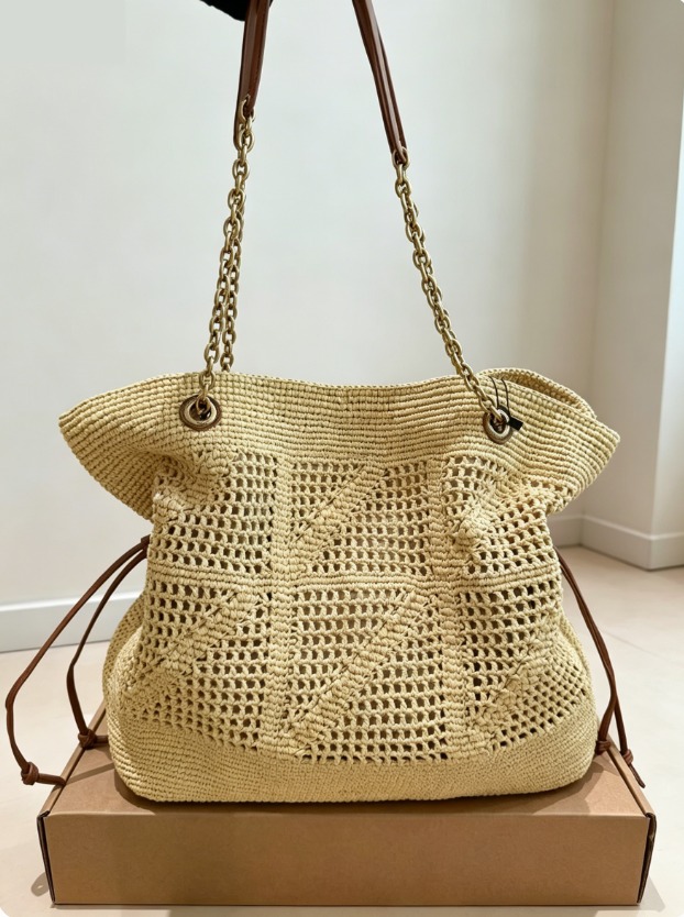 Luxury Style Raffia Tote Bag for Women 2026 Summer Beach Large Capacity Chain Shoulder Bag Designer Handbag 35cm
