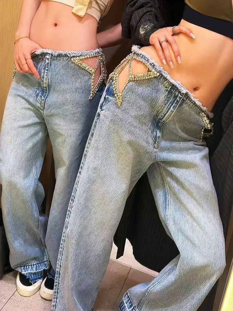 Y2K American Retro Star CutOut Embellished Women Blue HighWaisted Fashion HipHop Streetwear Casual Loose Denim Jeans 260615 7f