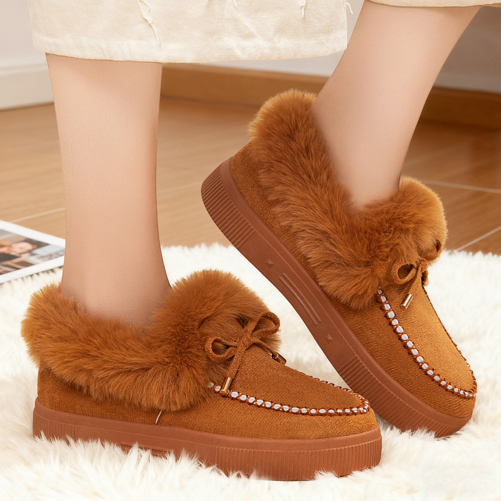 Free shipping 2026 luxury Women Faux Fur Collar Suede Moccasin Winter Boots Platform Fleece Lined Loafers