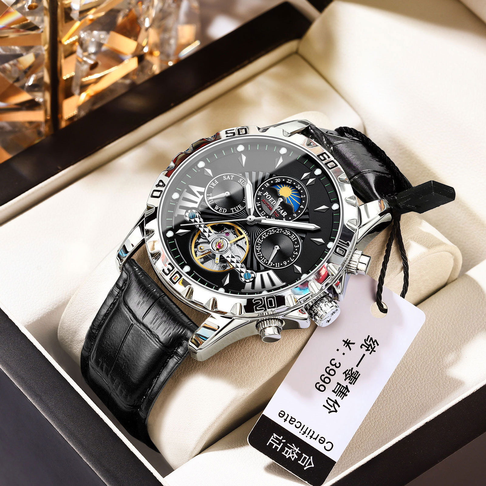 2026 New Multifunction Mens Mechanical Watch Auto Wind Skeleton Dial Sun Moon Phase Chronograph Black Leather Band Waterproof Luxury Casual Male Wat