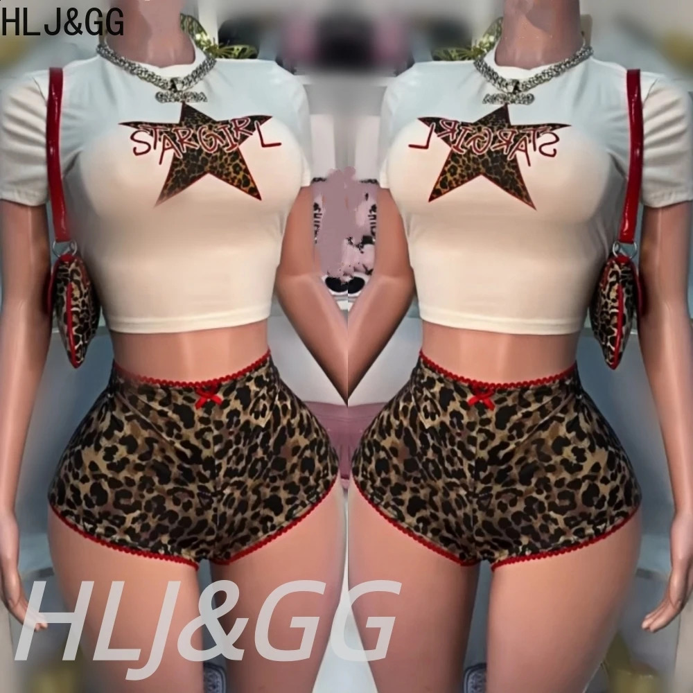 HLJGG Summer Leopard Print Bow Shorts Two Piece Sets Women O Neck Slim Crop Tshirts And Shorts Outfits Fashion 2pcs Streetwear 260629BJ