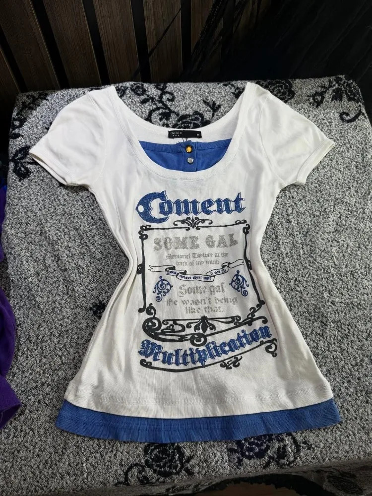 American Retro Spice Girl T-shirt Y2K Harajuku White Blue Patchwork Two Chic Tees Street Punk Letter Print Slimming Top 260629BJ
