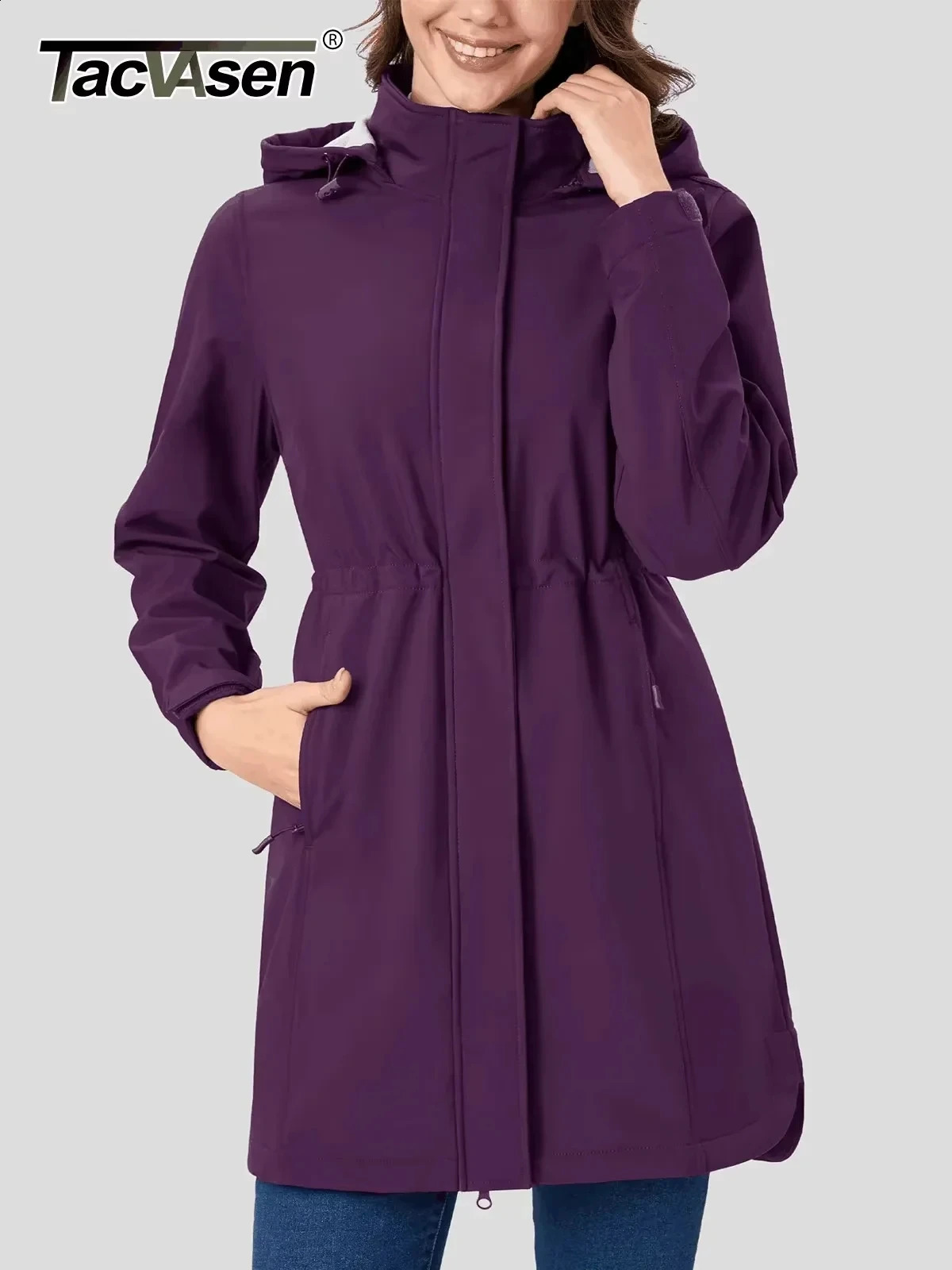 TACVASEN Womens Long Hooded Jacket Fleece Lined Softshell Jacket Waterproof Windproof Hiking Jacket Rain Coat Windbreaker Parka 260629