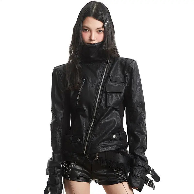 Retro Punk High Street Black Leather Jacket Zipper Jacket Slim Fit American Motorcycle Top Chaquetas Para Mujer Y2k Coat 260624