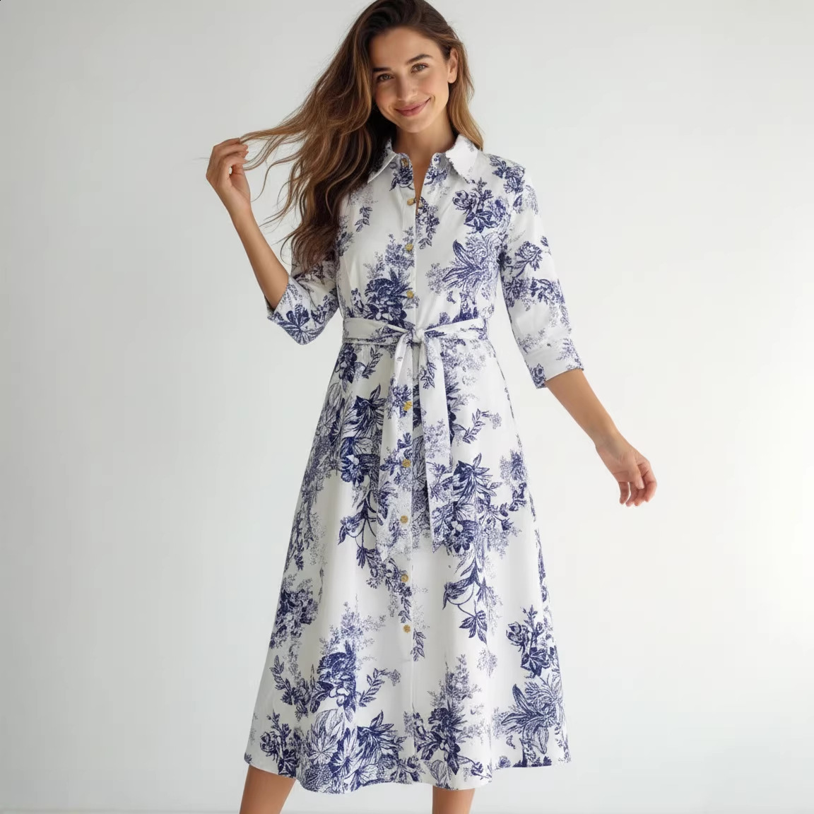 Spring Fashion Turn-down Collar High Waist Knee-length Single-breasted Long Sleeve Printing Dress 13C229 210527-image-702233976