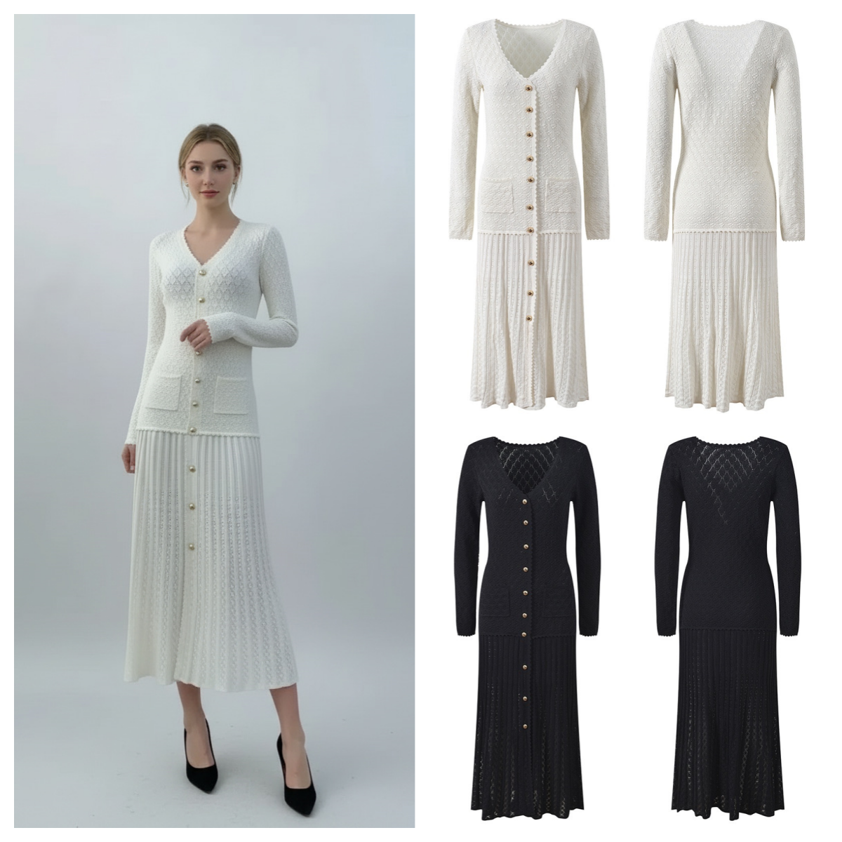Casual Dresses Elegant High-End Knitted Long Sleeve V-Neck Hollow Out Dress Women's Fashion Vestiaris Style Embroidered Hook Flower Party