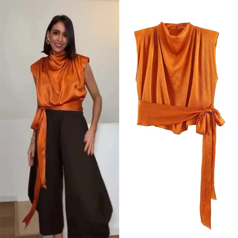 Womens Top 2026 Spring Style Orange Sleeveless Satin Texture Long Ribbon Top Elegant and Stylish Unique Fashion Focus 260629BJ