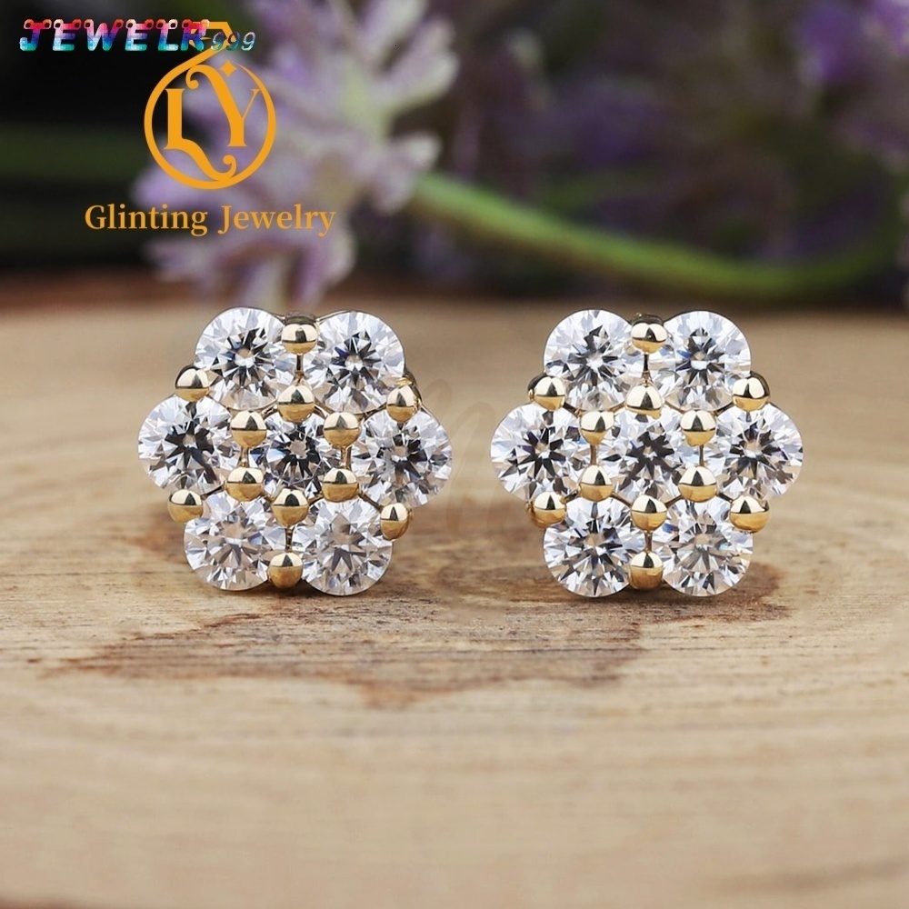 Iced Out Cluster Lab Grown Diamond Stud Earrings Round Brilliant Cut IGI Certified Unisex 10k 14k 18k Gold Screw Back