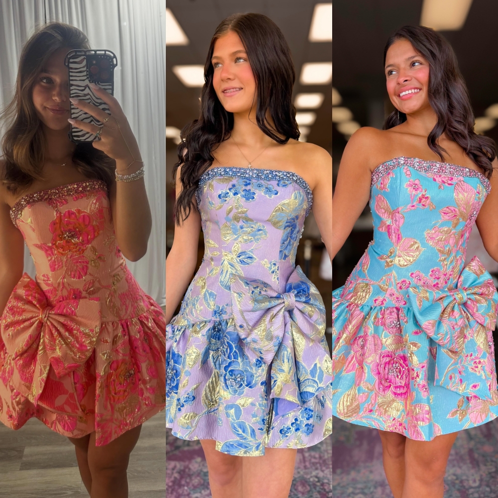 Floral Jacquard Hoco Dress Bow Brocade Pageant Interview Short Prom Cocktail Party Homecoming Court Gown Runway Gala Black-Tie Drama Semi-Formal Ban