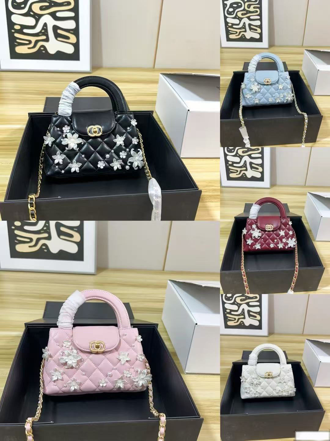 Luxury Women Mini Handbag 20*12cm Quilted Leather Top Handle Bag 3D White Flower Pearl Decor Gold Chain Crossbody Bag Fashion Designer Evening Party