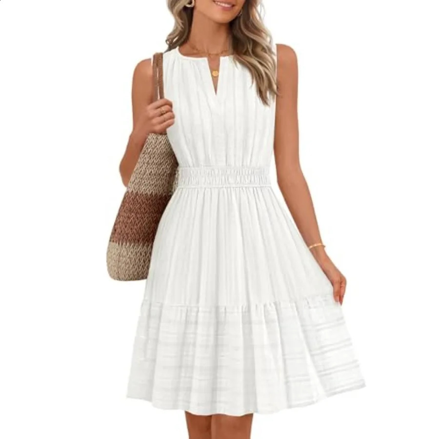 MEROKEETY Womens 2026 Summer Casual Mini Sundress Beach Vacation Sleeveless V Neck Flowy A Line Dress with Pockets 260626