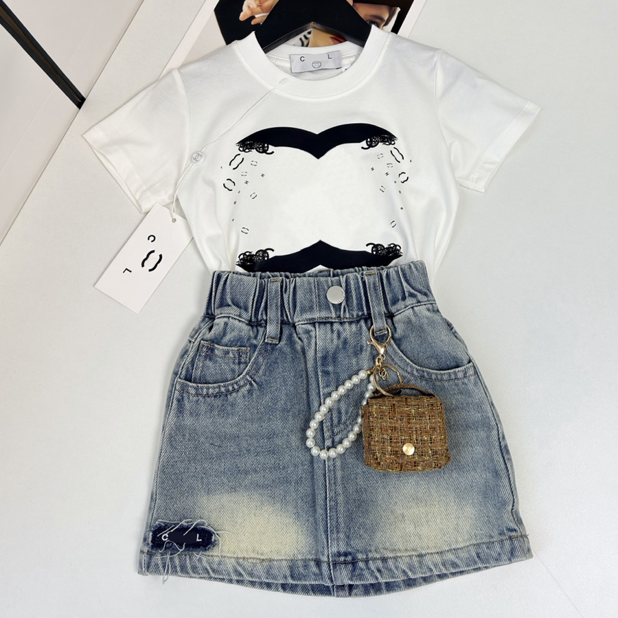 Conjunto de ropa infantil para niña 3 piezas verano camiseta manga corta falda vaquera bolso talla 90-170 cm