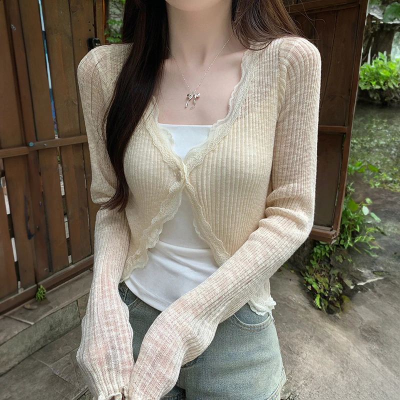 Lace Trim One Button Long Sleeve Crop Top Women Short Sleeve Open Front Ribbed Knit Cardigan Sweater Summer Fairycore Outfit 260629BJ