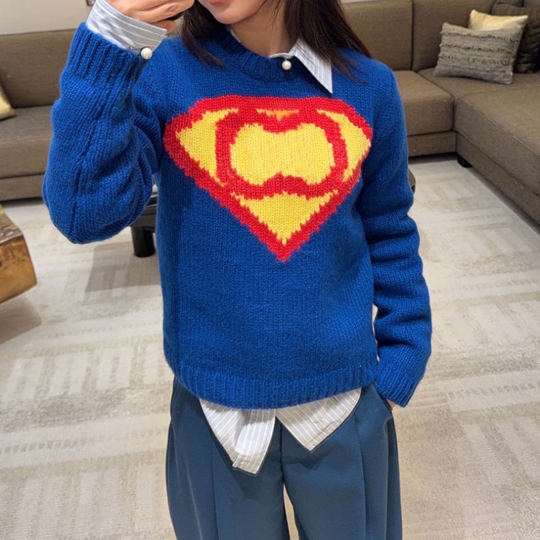 Pull en cachemire de super-héros unisexe pour femme, pull de luxe bleu à col rond, tricoté, épais, confortable, pour les déplacements, automne et