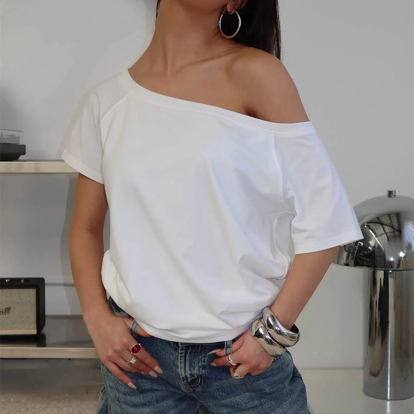 Womens Solid Striped Off One Shoulder Short Sleeve T Shirt Y2k Cute Sweet Fairy Vintage Aesthetic Preppy Summer Casual Tee Tops 260629BJ