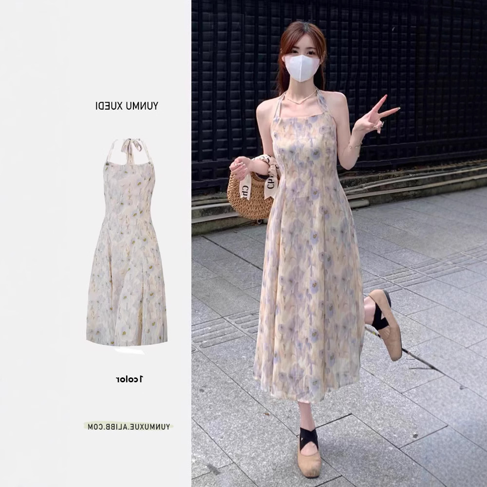 Q0489 floral suspender temperament waist long dress French summer neck dress super fairy fairy Mori skirt woman-image-1112578952