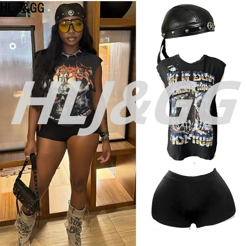 HLJGG Fashion Street Letter Print Tshirts Two Piece Sets Women O Neck Sleeveless Top And Shorts Outfits Y2K Female Streetwear 260629BJ