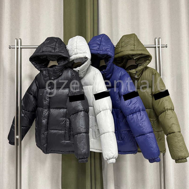 Men Glossy Stone Jackets Square Block Quilt Hooded Puffer Jacket Drawstring Hem Hood Detachable Zip Snap Front Winter Down Coats Designer Clothes