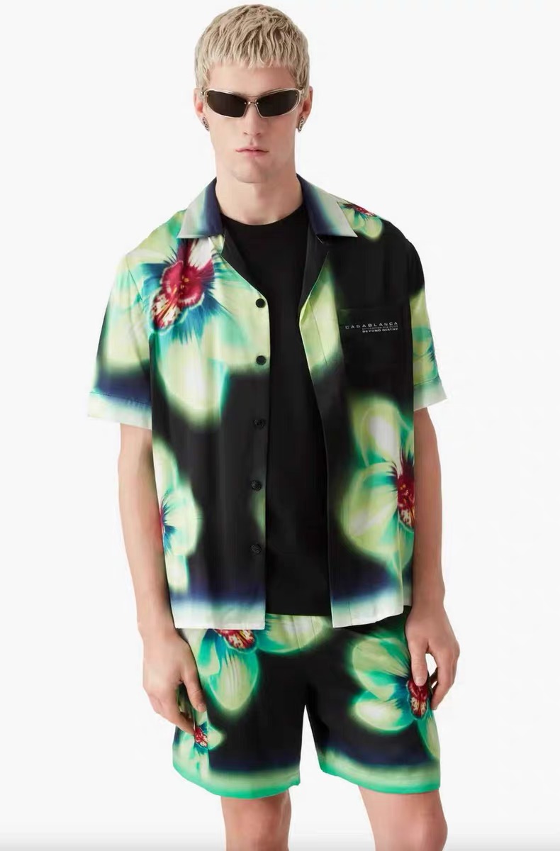 New Casabalnc High Quality Designer Summer Silk Knee-length Shorts Classic Colorful Print Hawaiian Vacation Style Unisex Short Sleeve Thin Silk C-image-958025420
