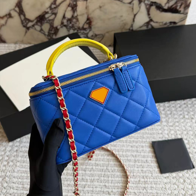 26A Super Blue Quilted Lambskin Mini Vanity Case Bag with Yellow Handle Women Crossbody Bags Designer Shoulder Bag Lipstick Makeup Box Purse