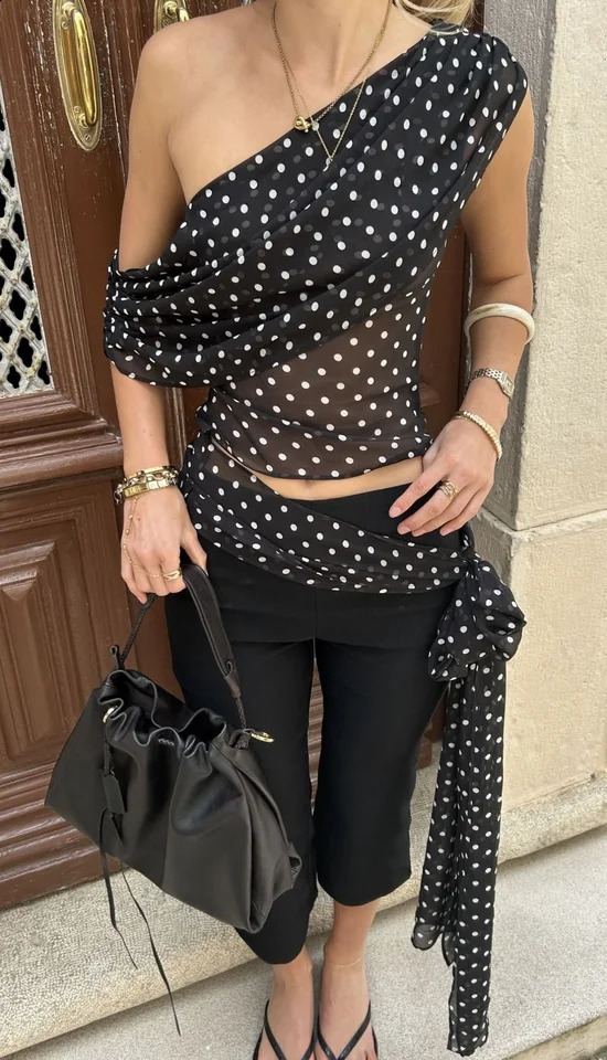 Sexy Polka Dot Tops Chic Womens Sleeveless Black One Shoulder Transparent Mesh Crop Top T-shirt Summer Female Clothing 2026 260629BJ