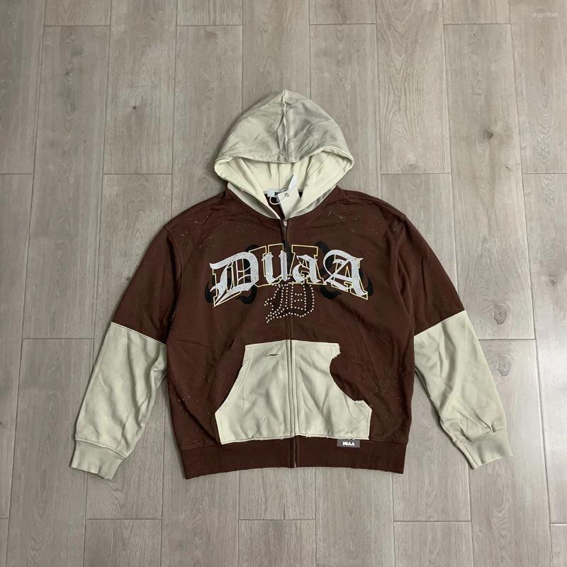Men's Hoodies Streetwear Shinning Diamond Zipper Terry Hooded Hoodie For Men Oversized Contrast Color Cardigan Rhinestone Sweatshirt Jacket