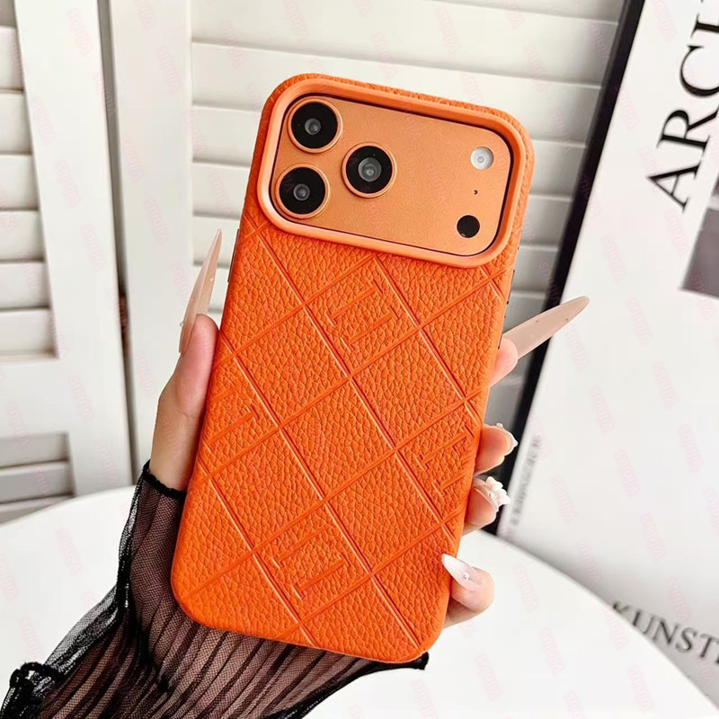 Designer Orange HHH Embossed Leather Phone Case Shockproof Full Lens Protection Cover For iPhone 13 14 15 16 17 Pro Max Anti-slip Litchi Texture-image-1112594030