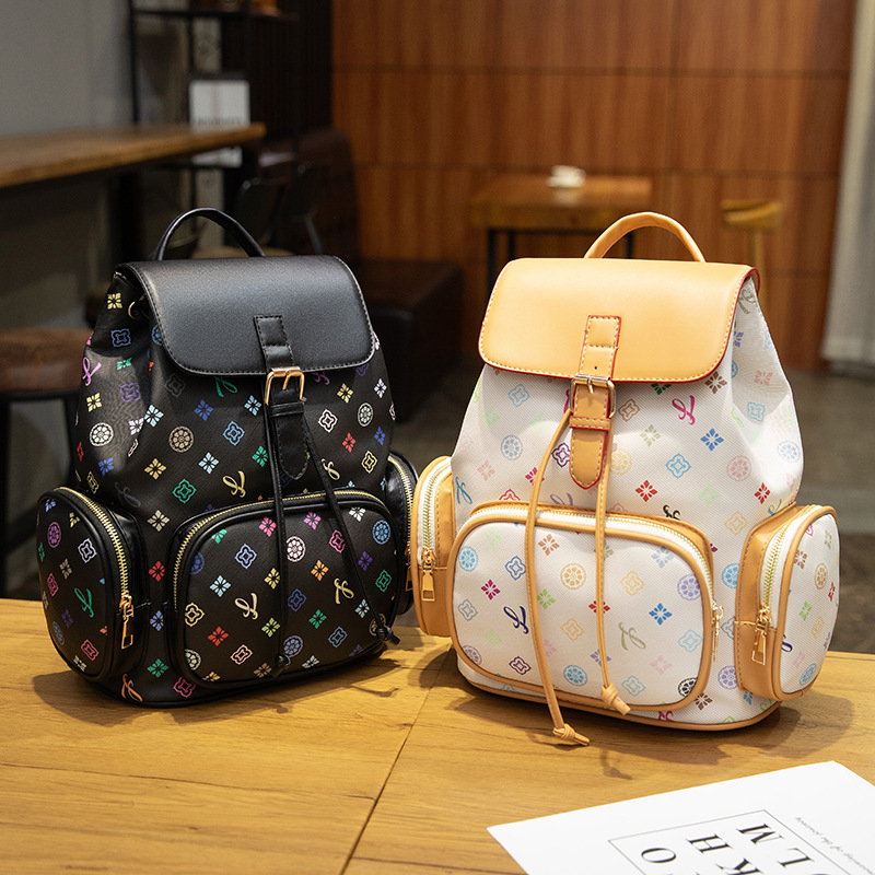 Designer Bag 2026 Fashion Colorful Vintage Printed PU Backpack Top Handle Flap Design Adjustable Shoulder Strap Women Travel Shopping Backpack