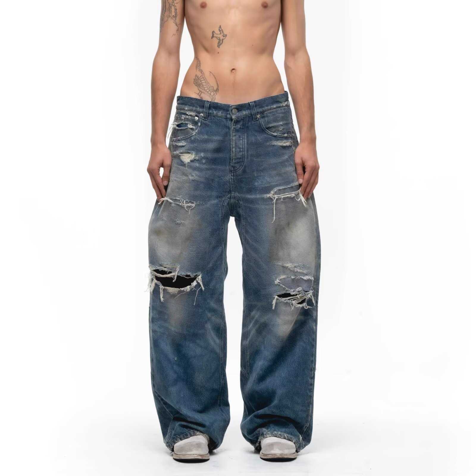 Spring and autumn American-style washed denim jeans for men loose wide-leg drapey straight pants ripped distressed beggars jeans trendy L26629