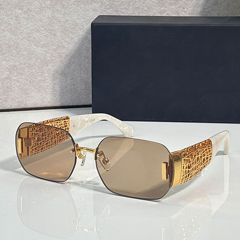 26ss new womens sunglasses fashionable frameless rectangular glasses khaki lenses UV400 protection luxurious hollow mesh metal legs summer travel go
