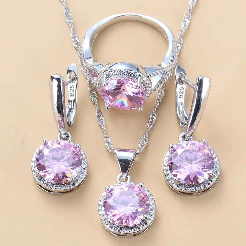 10-Colors Bridal Wedding Dress 925 Silver Jewelry Sets Sweet Princess Round Pink Zircon 3 Piece Set Fashion Women Gift