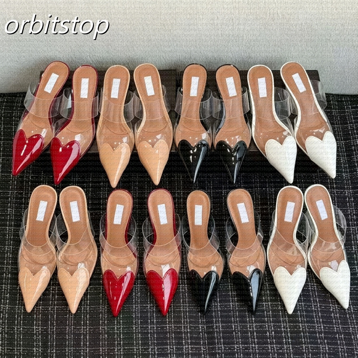 Dress Shoes Elegant Pointed Toe Transparent PVC Heart High Heels Mules Slipper Women Black White Love Heels Heart Patent Calfskin Pointed Toes Glitt